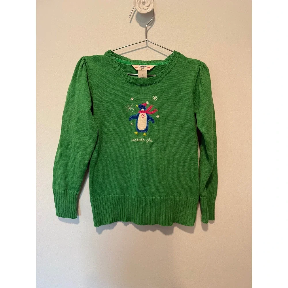 OshKosh Bgosh Girls Green Penguin Embroidered Cotton Knit Sweater Size 5 Holiday